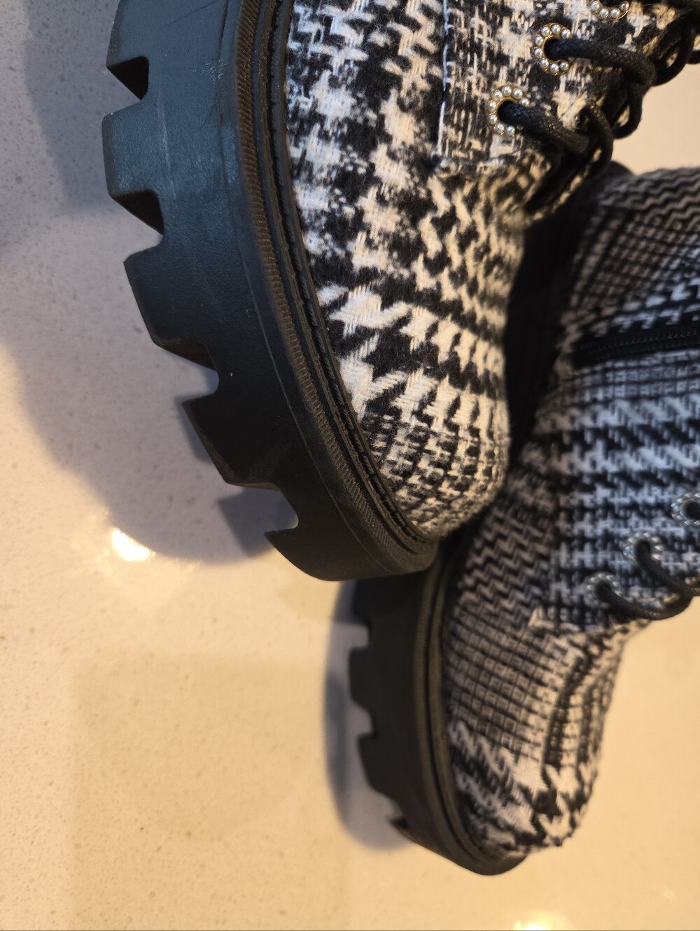 Betsey Johnson Black & White Houndstooth Pearl-Embellished Lace-Up Boot - Picture 11 of 13